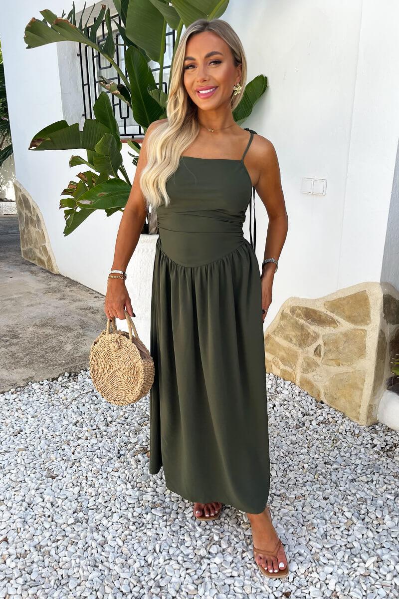 Ax Paris Khaki Drawstring Tie Straps Ruched Top Midi Dress