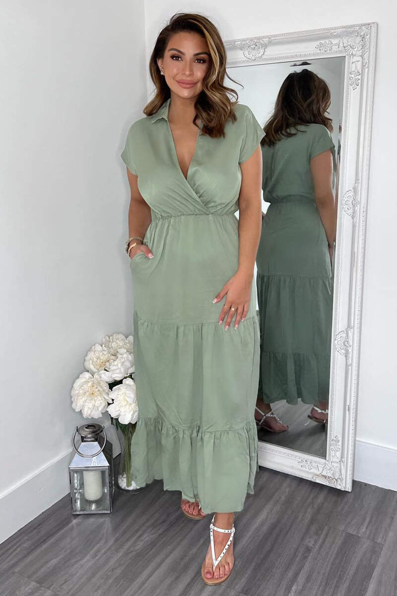 Ax Paris Khaki Short Sleeved V-Neck Midi Smock Dress