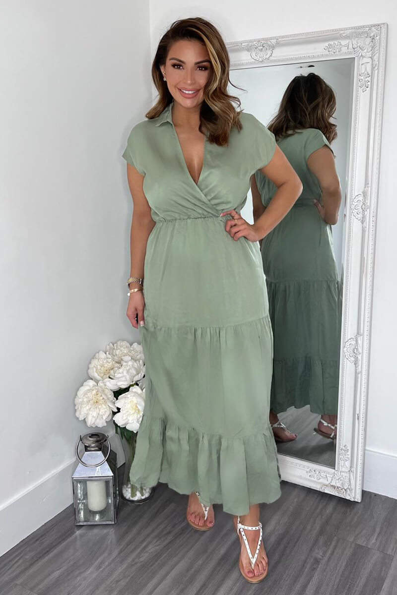 Ax Paris Khaki Short Sleeved V-Neck Midi Smock Dress