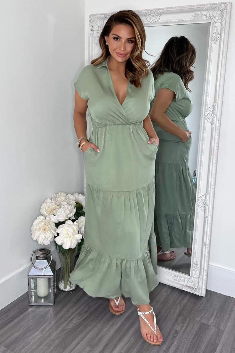 ax paris Khaki Short Sleeved V-Neck Midi Smock Dress