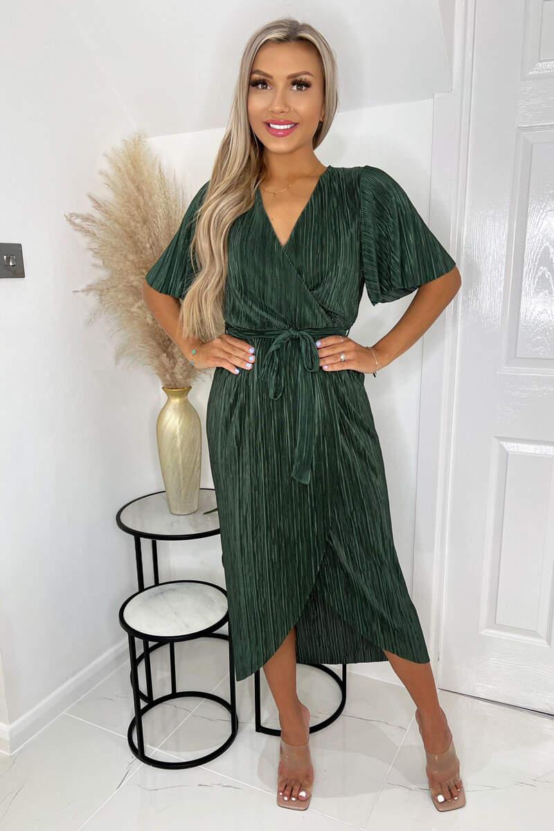 Ax Paris Khaki Wrap Top Belted Short Sleeve Plisse Midi Dress