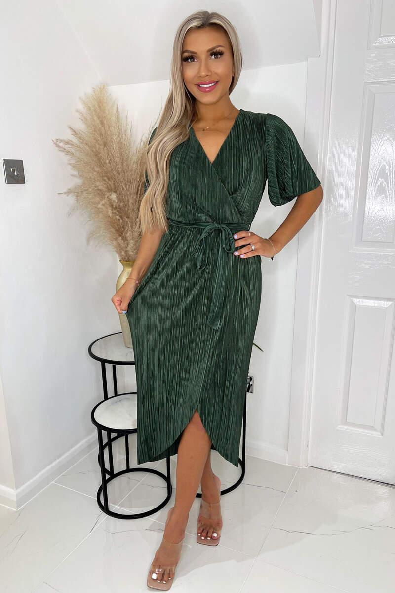 ax paris Khaki Wrap Top Belted Short Sleeve Plisse Midi Dress