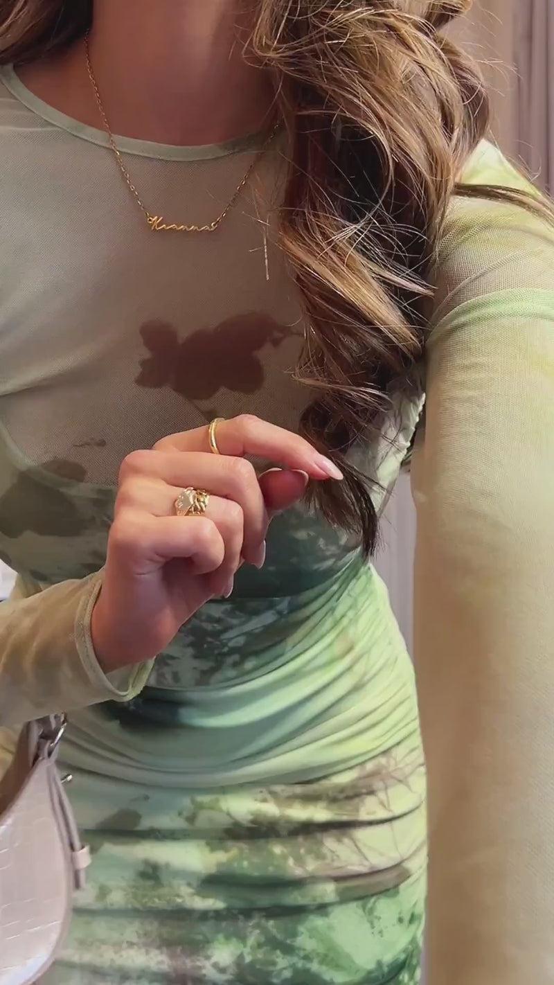 Ax Paris Lime Printed Mesh Overlay Long Sleeve Bodycon Midi Dress