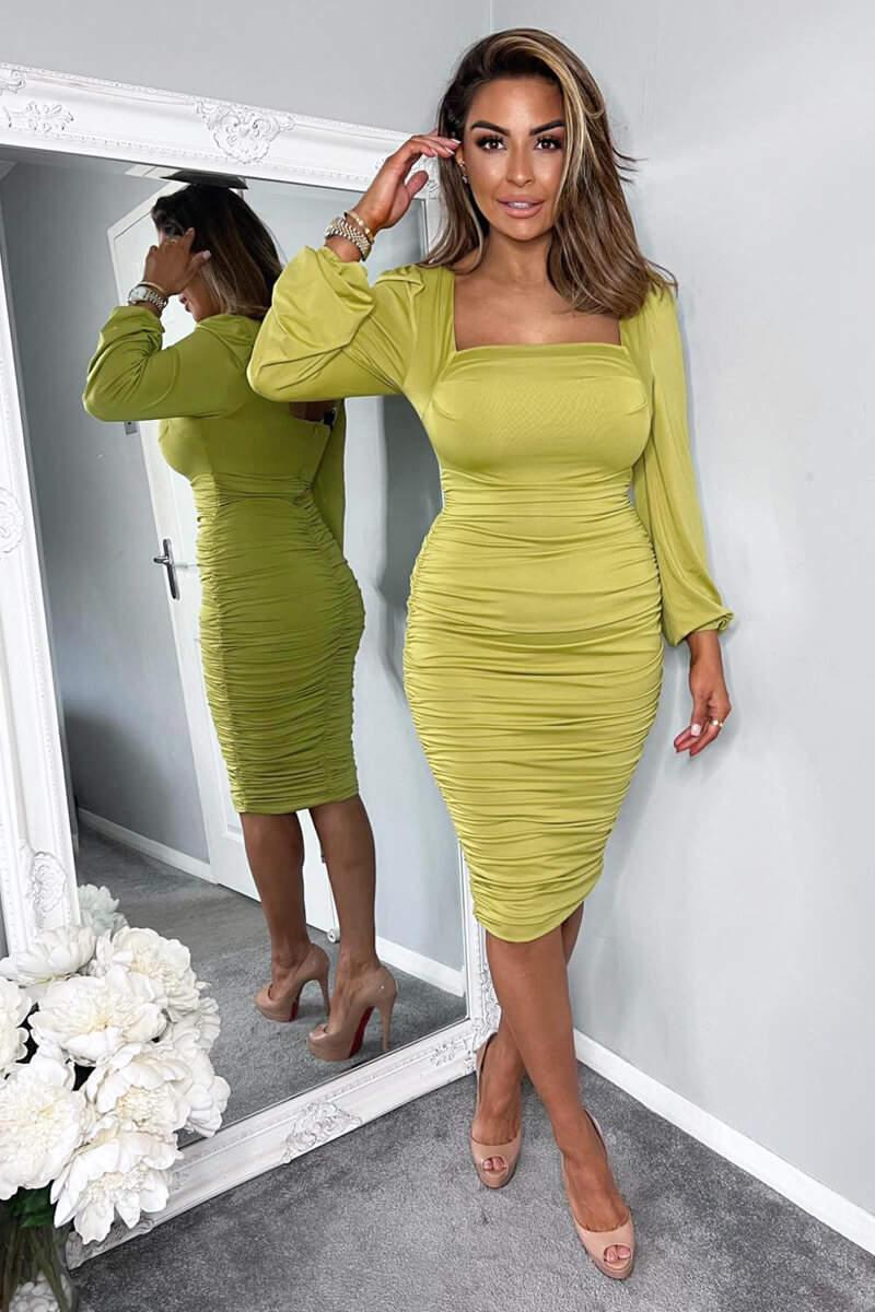 Ax Paris Lime Square Neck Ruched Long Sleeve Midi Dress