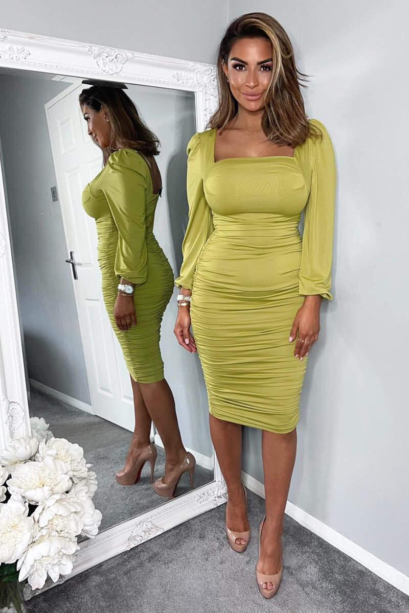 Ax Paris Lime Square Neck Ruched Long Sleeve Midi Dress