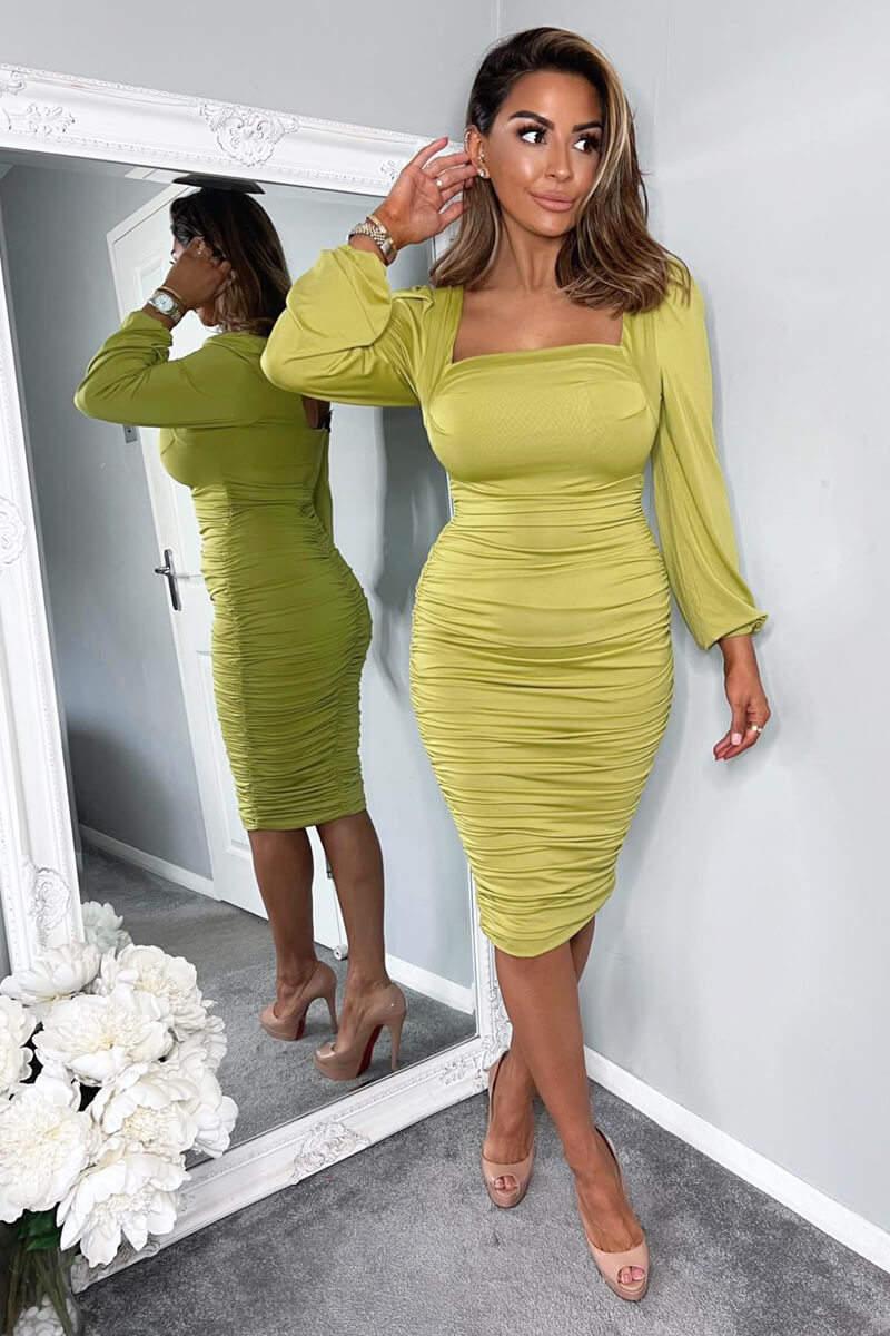 Ax Paris Lime Square Neck Ruched Long Sleeve Midi Dress