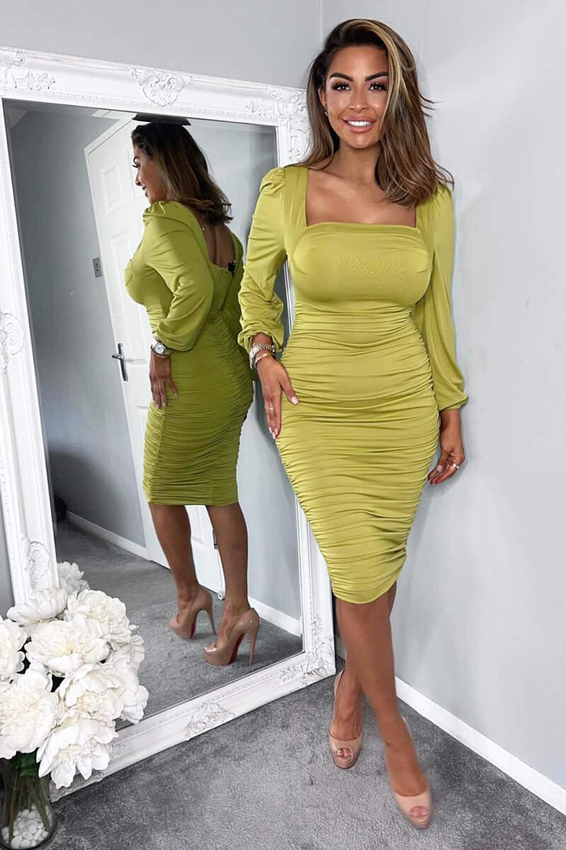 ax paris Lime Square Neck Ruched Long Sleeve Midi Dress
