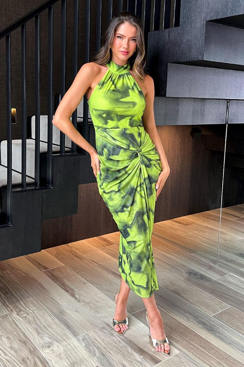 Ax Paris Lime Tie Dye Print Halter Neck Knot Skirt Mesh Midi Dress