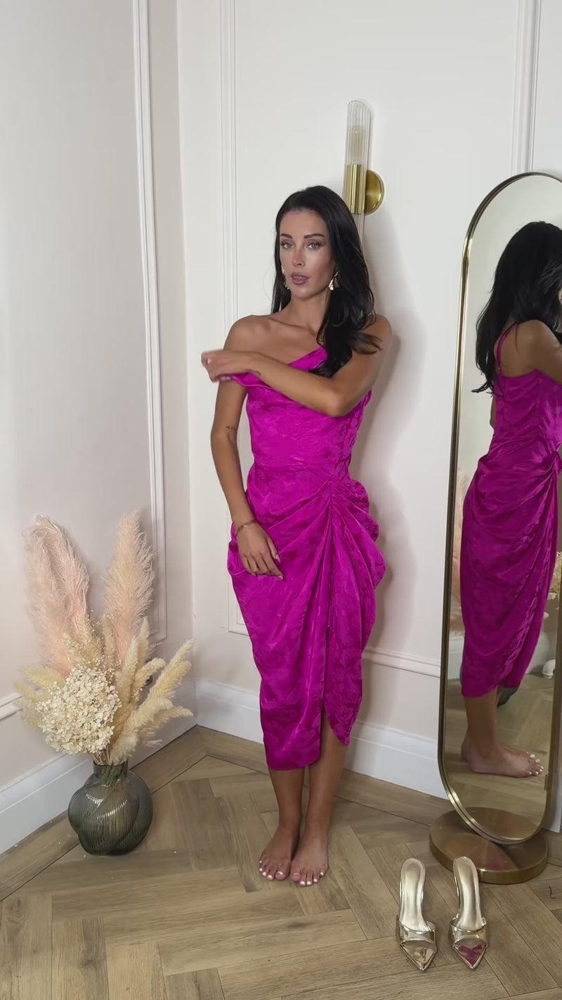 Ax Paris Magenta Embroidered Strappy Cowl Neck Gathered Skirt Midi Dress