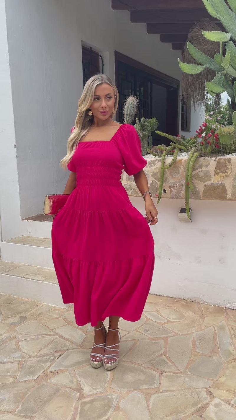 Ax Paris Magenta Puff Sleeve Shirred Waist Smock Midi Dress