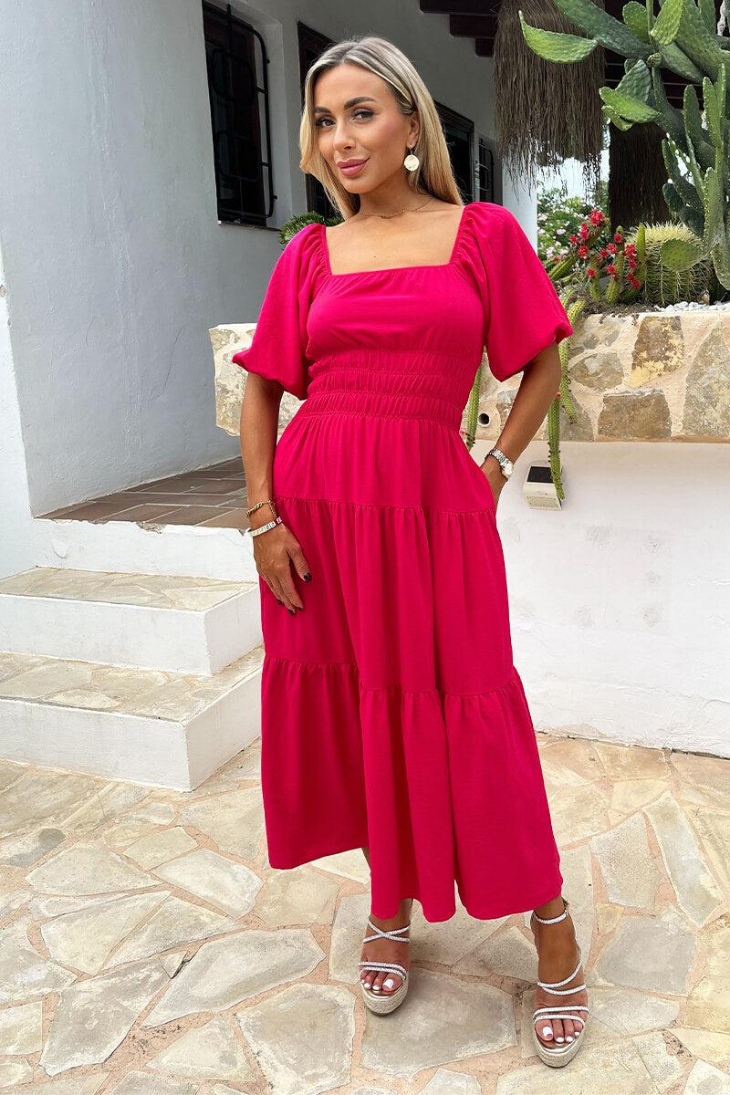 Ax Paris Magenta Puff Sleeve Shirred Waist Smock Midi Dress