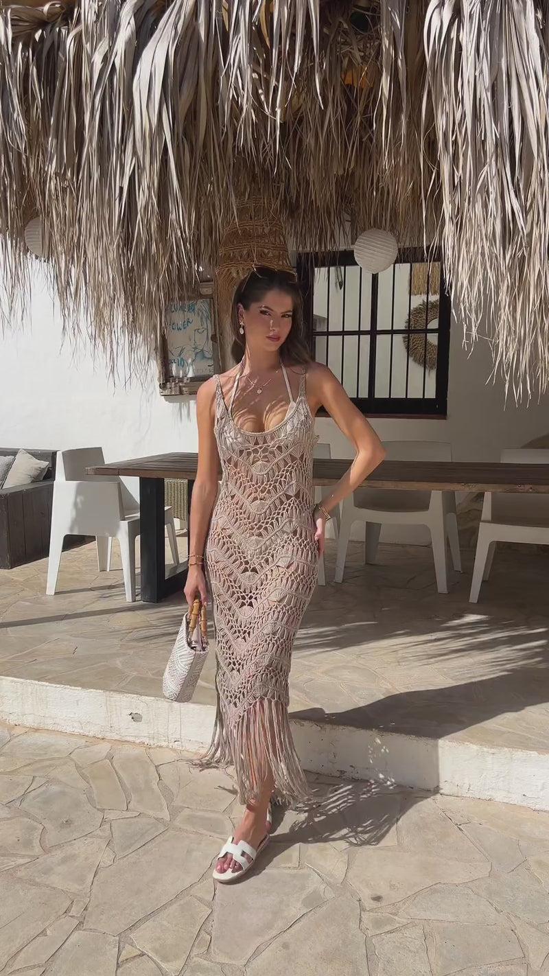 Ax Paris Mocha Open Knit Crochet Fringe Hem Midi Dress