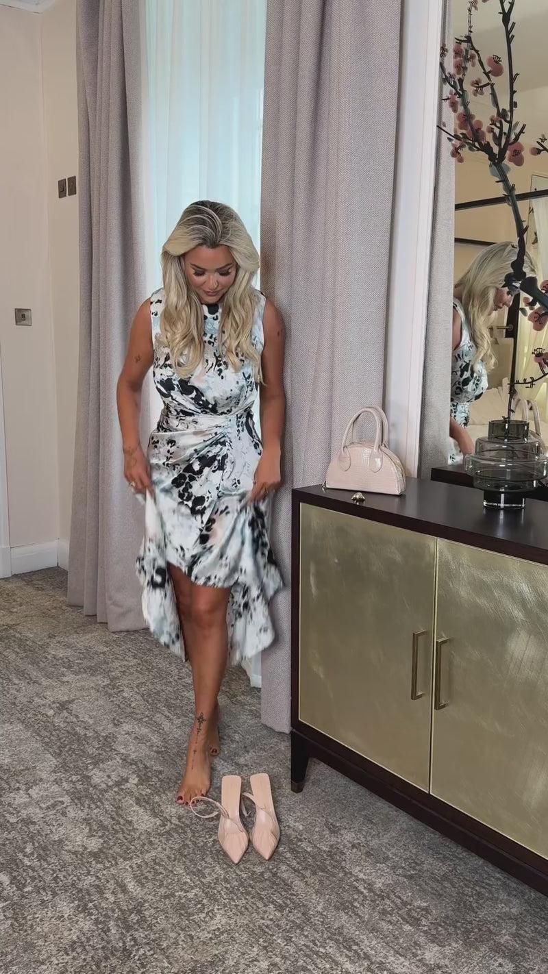 Ax Paris Multi Abstract Animal Print Gathered Midi Dress With Shoulder Pads