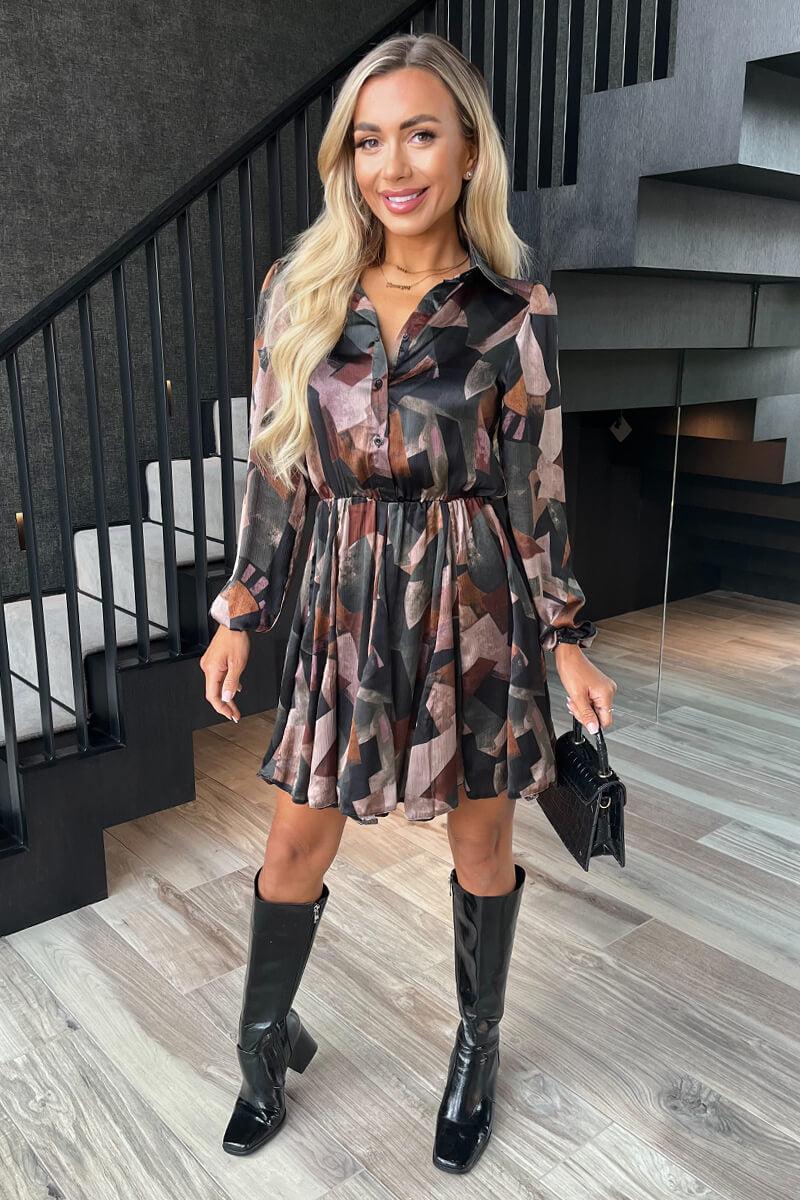 Ax Paris Multi Abstract Print Long Sleeve Mini Skater Dress