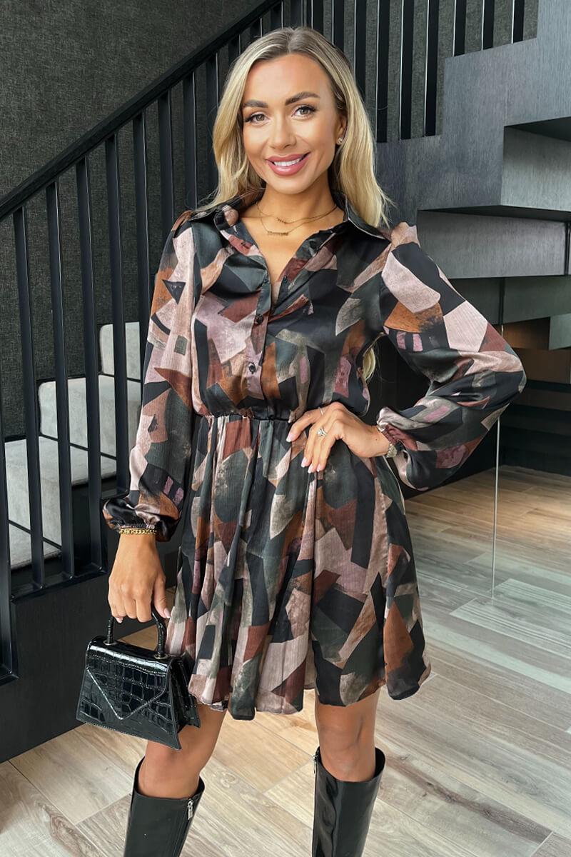 Ax Paris Multi Abstract Print Long Sleeve Mini Skater Dress