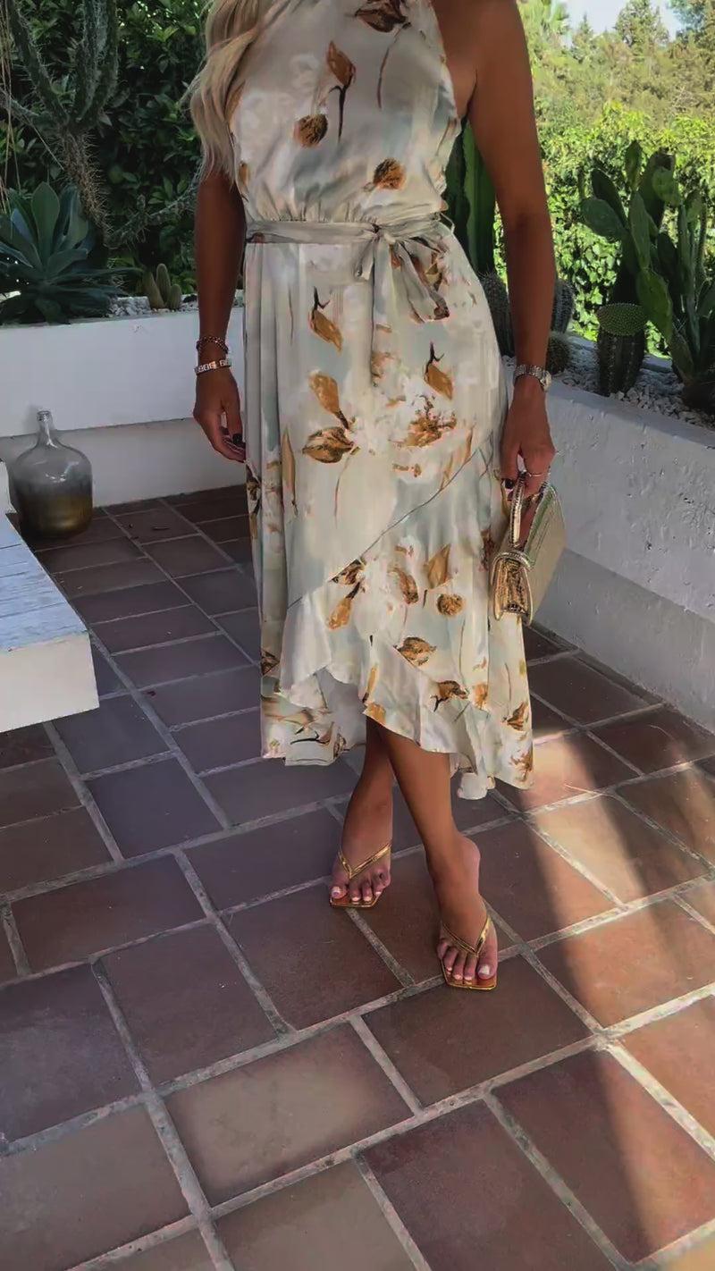 Ax Paris Multi Blossom Print Halterneck Tie Waist Dipped Hem Midi Dress