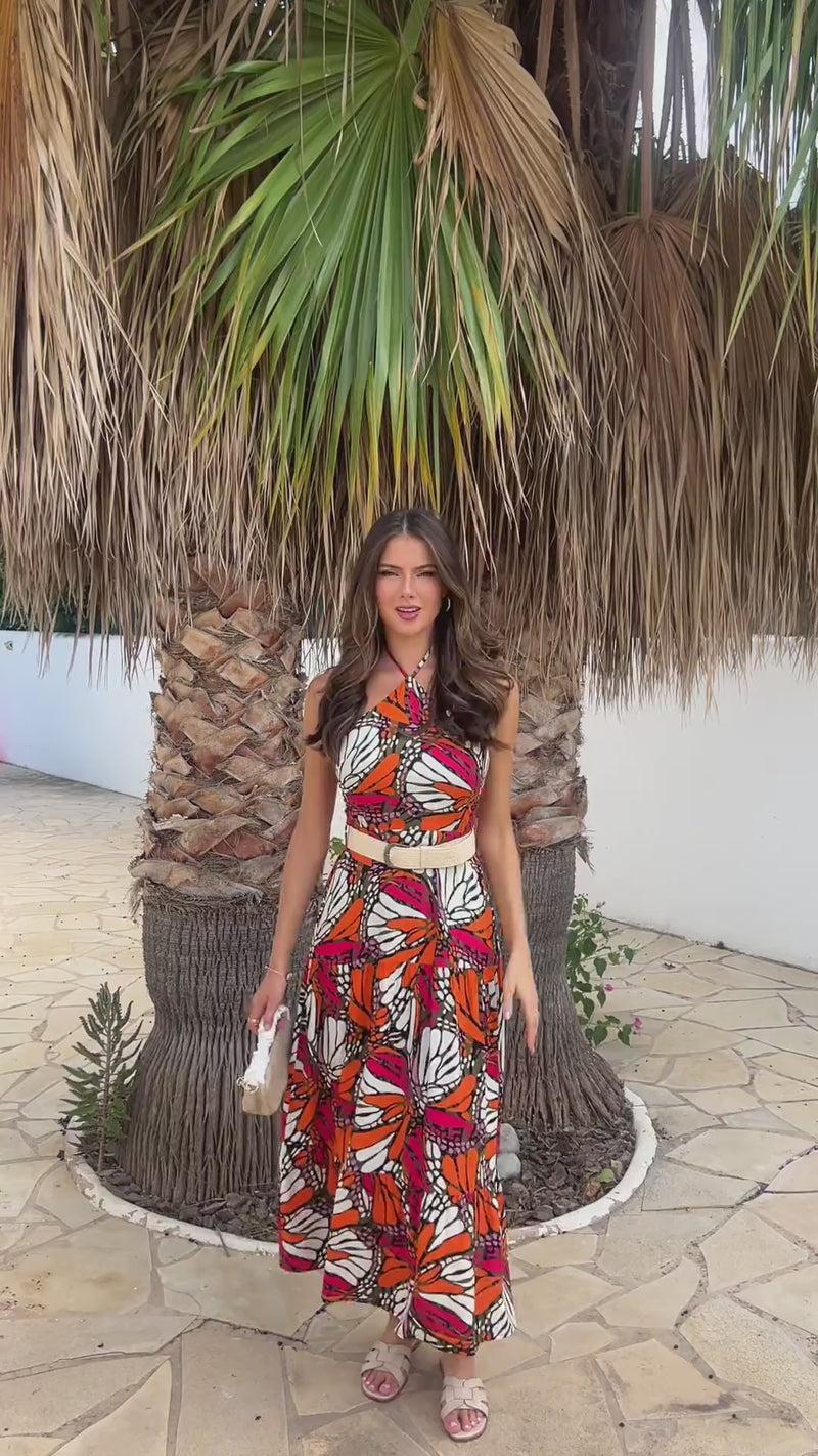 Ax Paris Multi Butterfly Print Halterneck Straw Belt Tiered Midi Dress