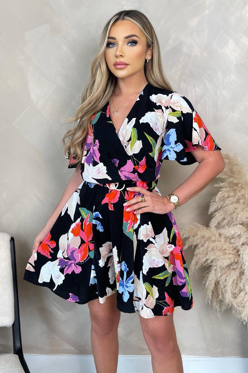 Ax Paris Multi Floral Printed Wrap Over Belted Skater Dress