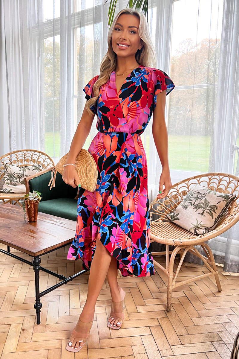 Ax Paris Multi Floral Printed Wrap Over Top Frill Hem Midi Dress