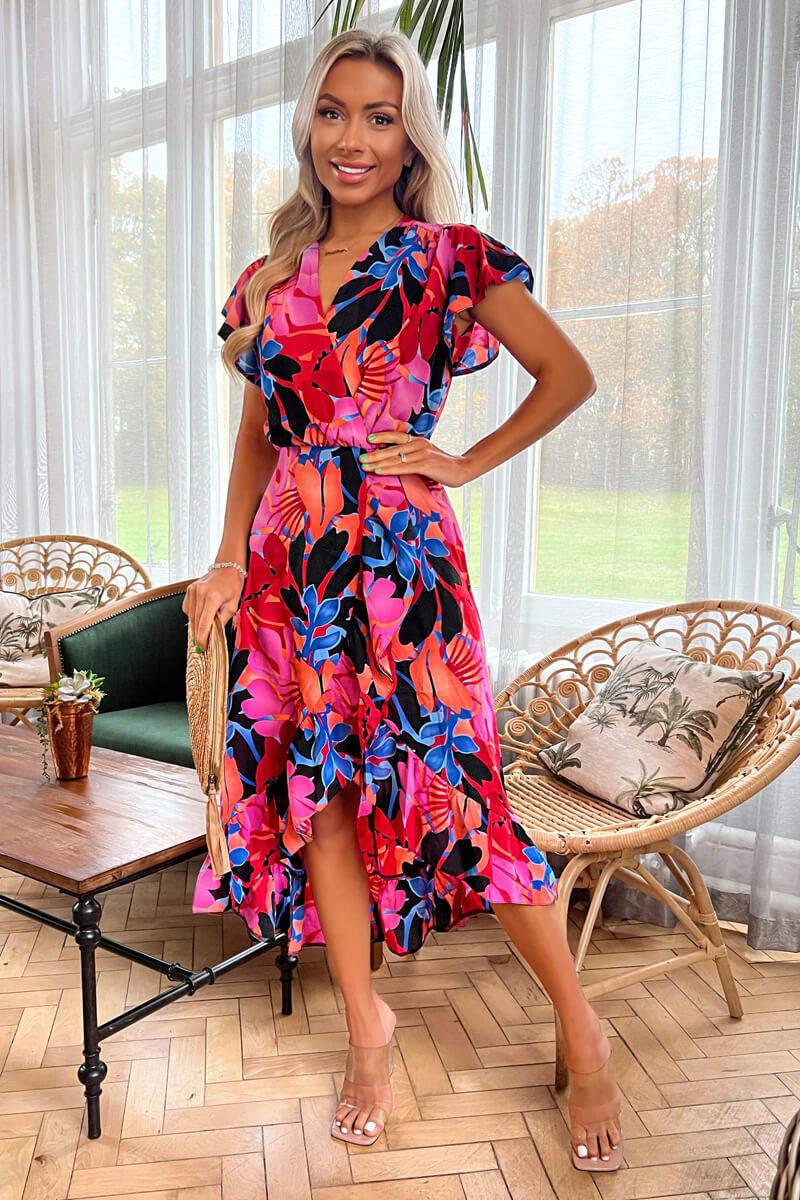 ax paris Multi Floral Printed Wrap Over Top Frill Hem Midi Dress
