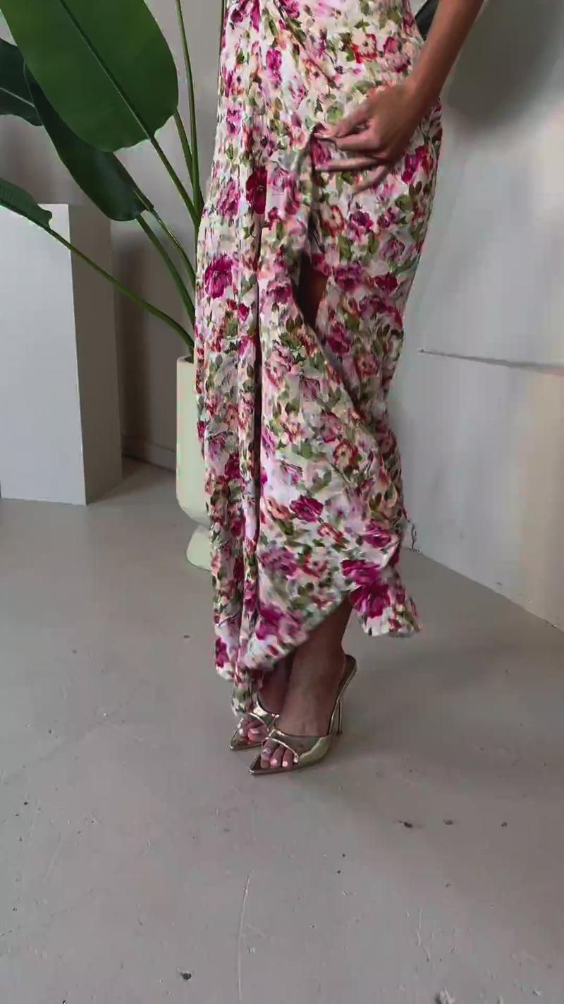 Ax Paris Multi Garden Print V Neck Cut Out Knot Detail Midi Dress