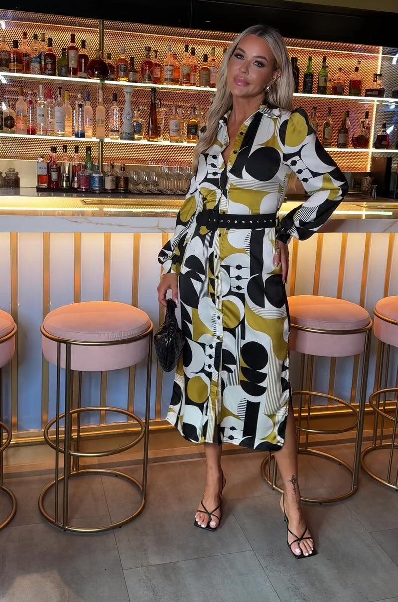 Ax Paris Multi Geometric Print Button Front Belted Shirt Midi Dress