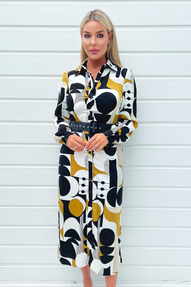 Ax Paris Multi Geometric Print Button Front Belted Shirt Midi Dress