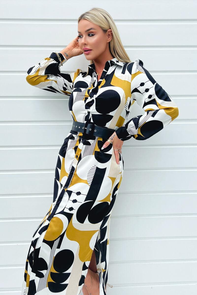 Ax Paris Multi Geometric Print Button Front Belted Shirt Midi Dress
