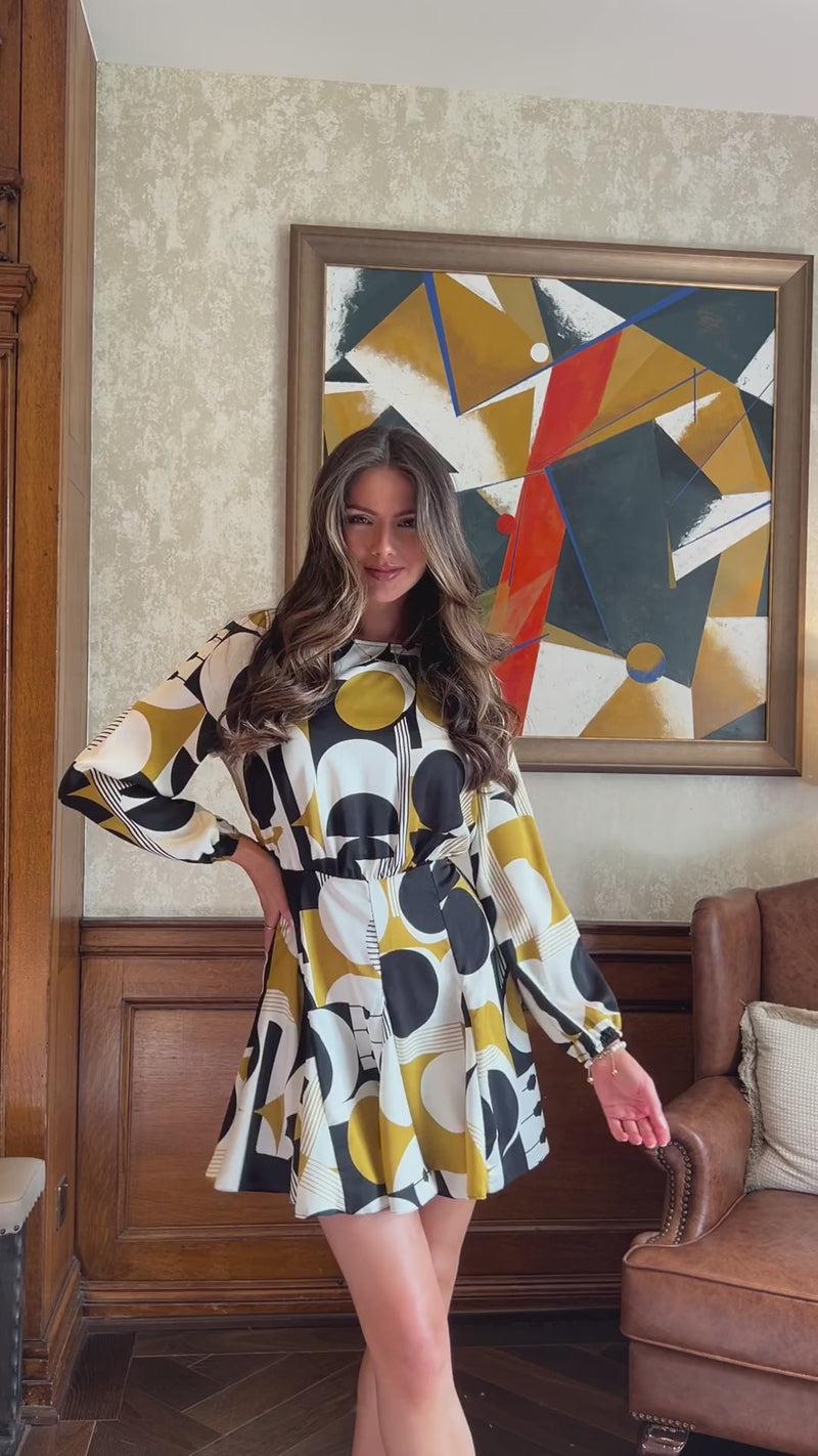 Ax Paris Multi Geometric Print Long Sleeve Skater Mini Dress