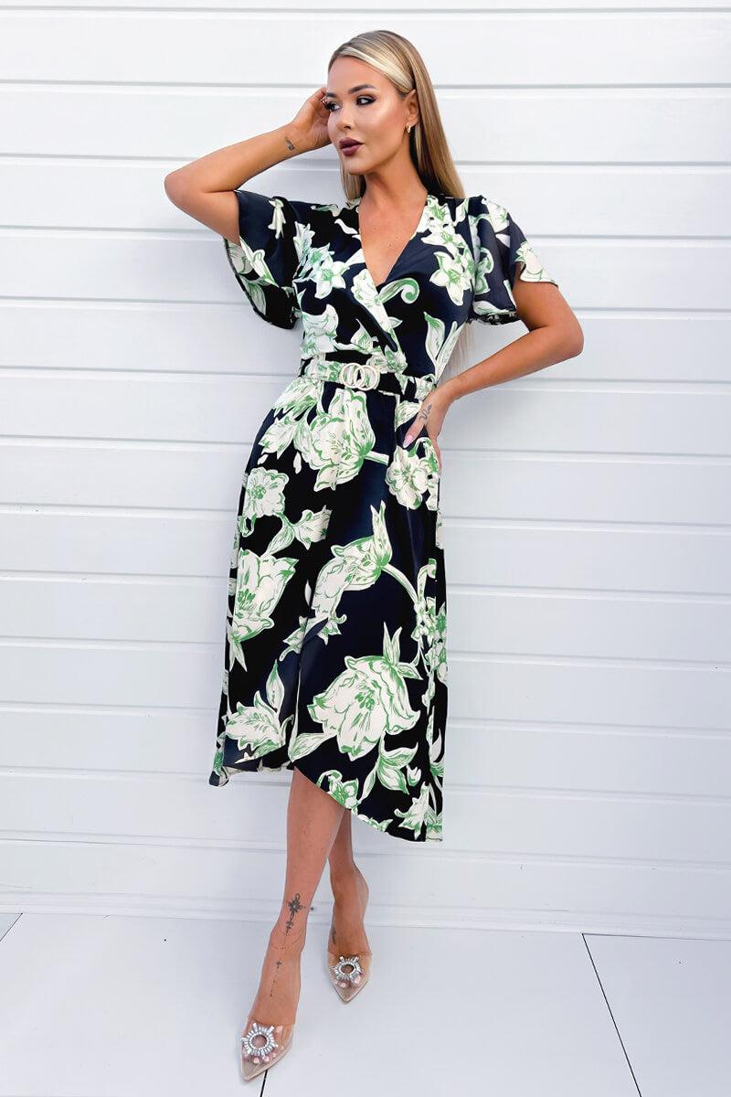 Ax Paris Multi Green And Black Floral Printed Short Sleeve Belted Wrap Midi Dress