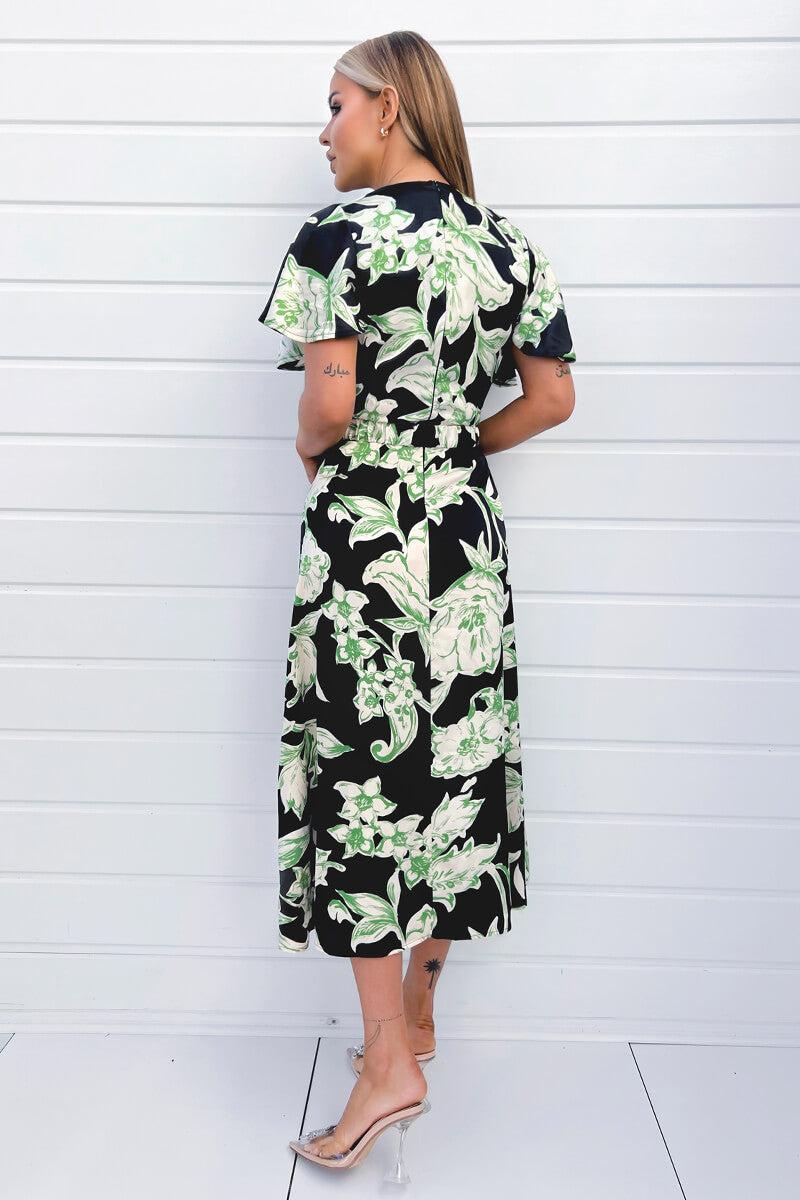 Ax Paris Multi Green And Black Floral Printed Short Sleeve Belted Wrap Midi Dress
