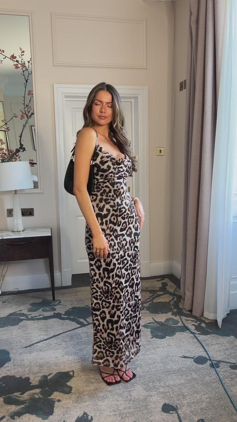 Ax Paris Multi Leopard Print Mesh Cowl Neck Slip Midi Dress