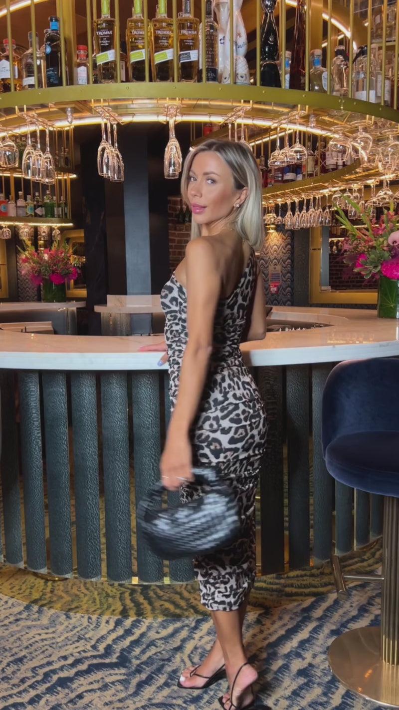 Ax Paris Multi Leopard Print Mesh One Shoulder Bodycon Midi Dress