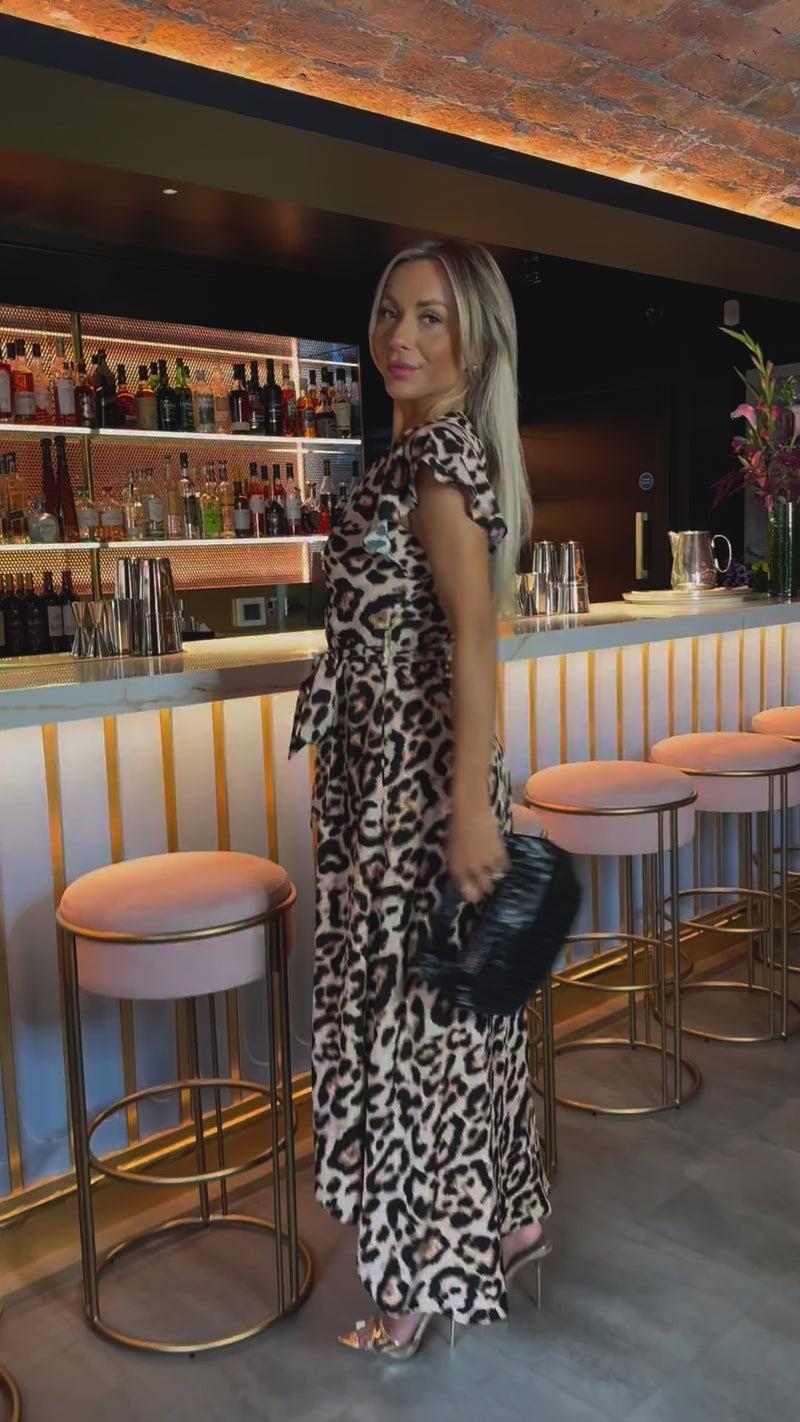 Ax Paris Multi Leopard Print Short Sleeve Belted Wrap Midi Dress