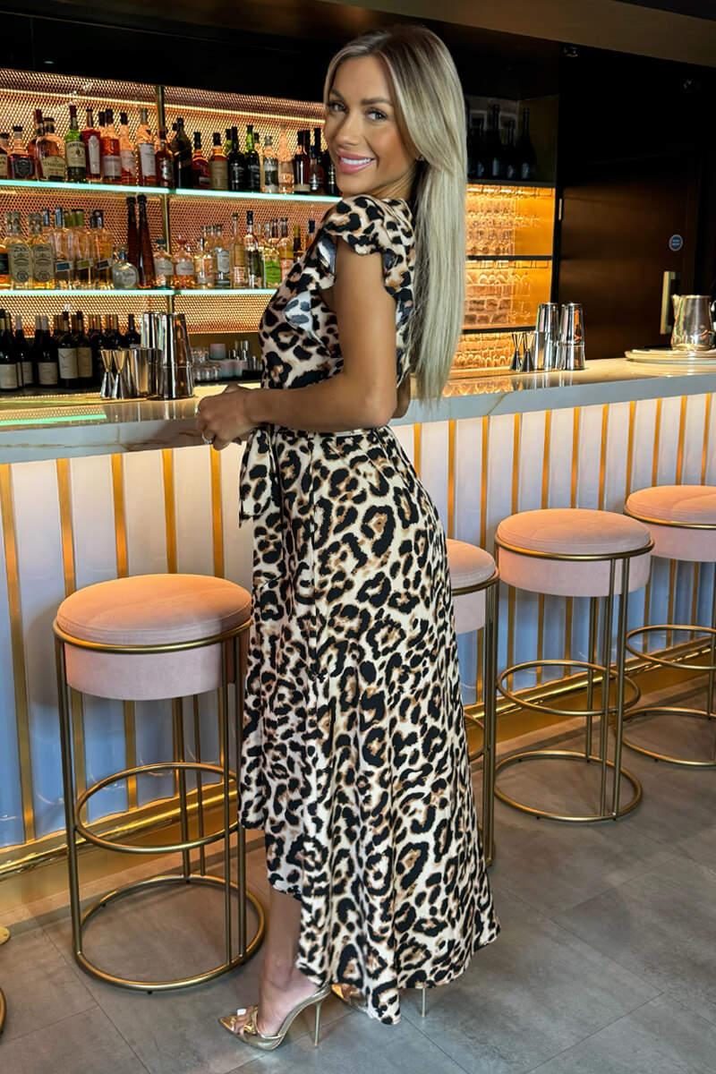 Ax Paris Multi Leopard Print Short Sleeve Belted Wrap Midi Dress