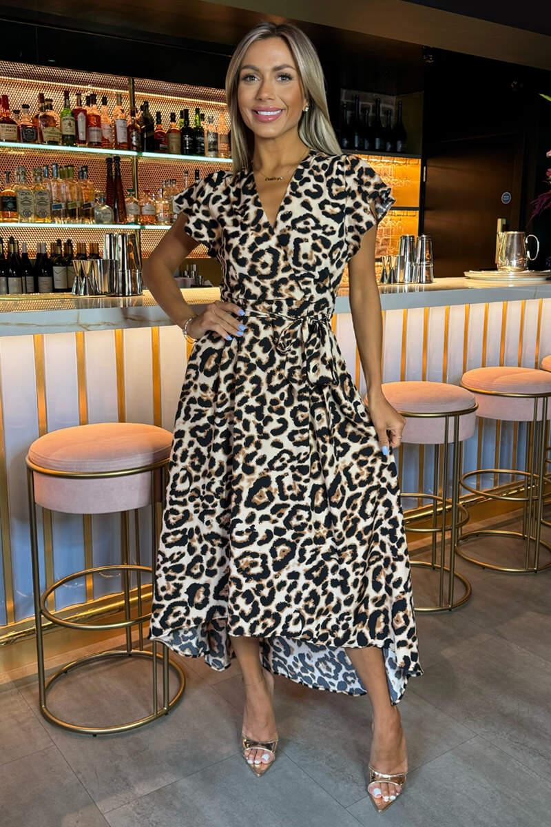 Ax Paris Multi Leopard Print Short Sleeve Belted Wrap Midi Dress