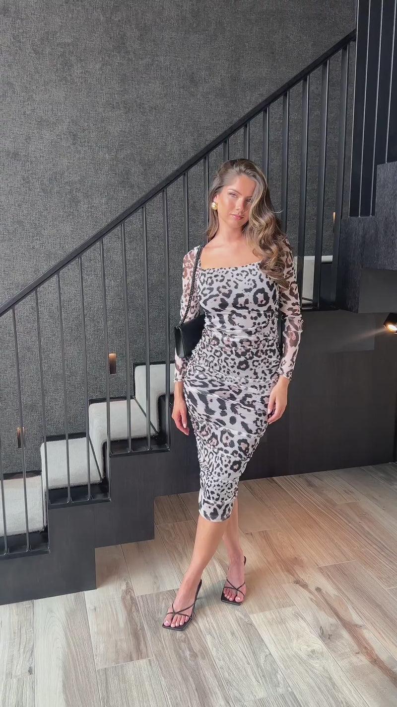 Ax Paris Multi Leopard Print Square Neck Mesh Bodycon Midi Dress
