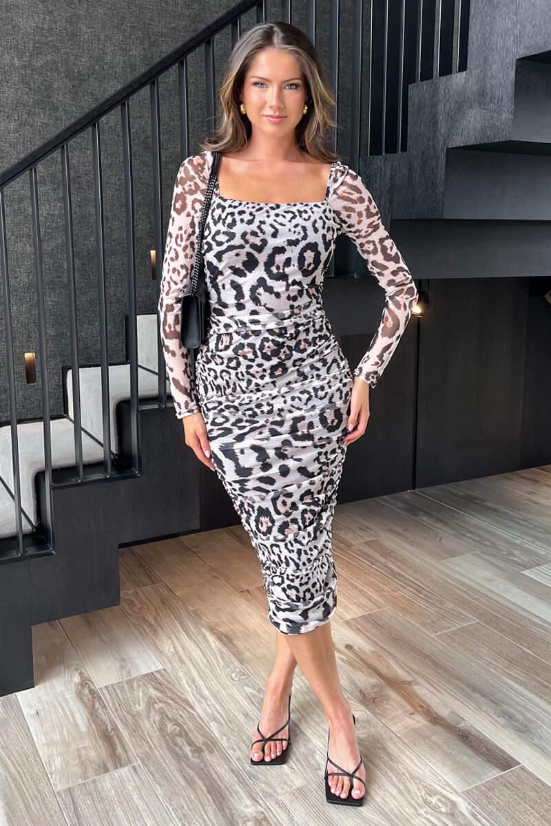 Ax Paris Multi Leopard Print Square Neck Mesh Bodycon Midi Dress