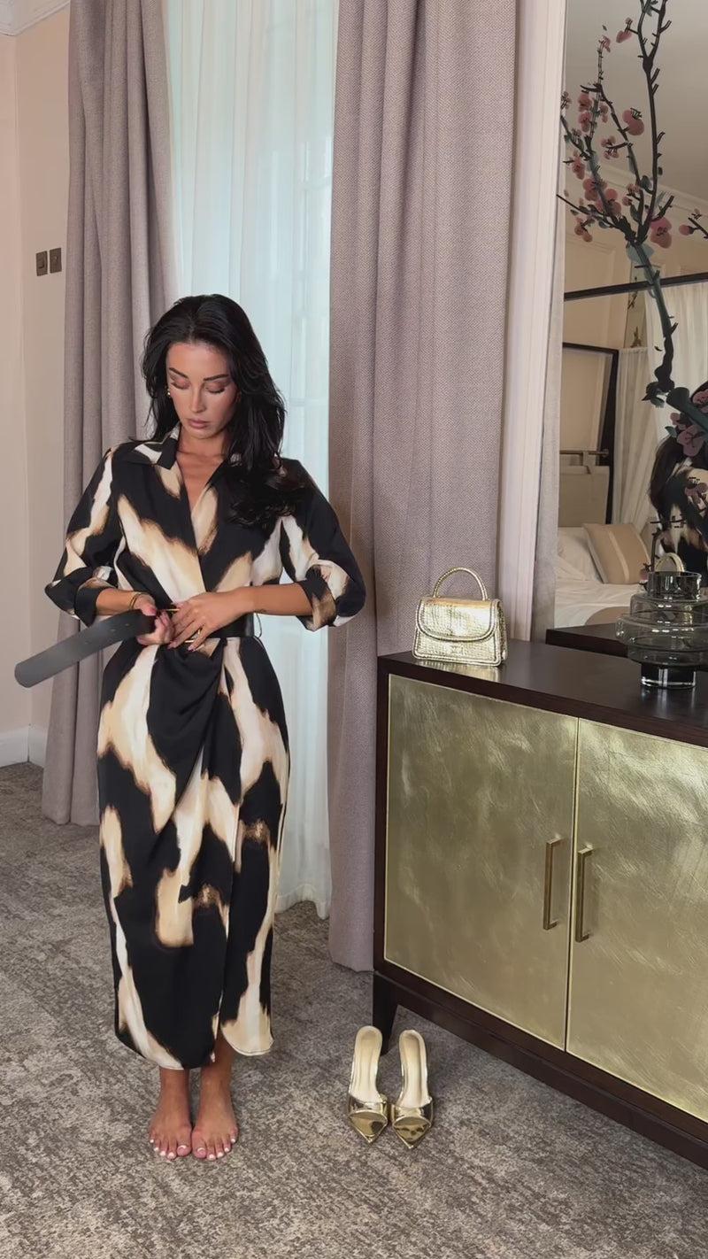 Ax Paris Multi Marble Print Belted Wrap Collared Midi Dress