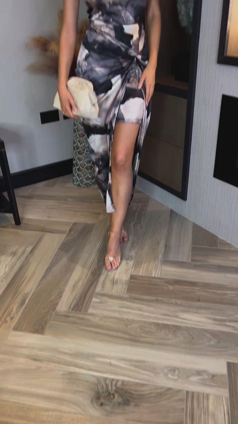 Ax Paris Multi Marble Print Halter Neck Knot Skirt Midi Dress