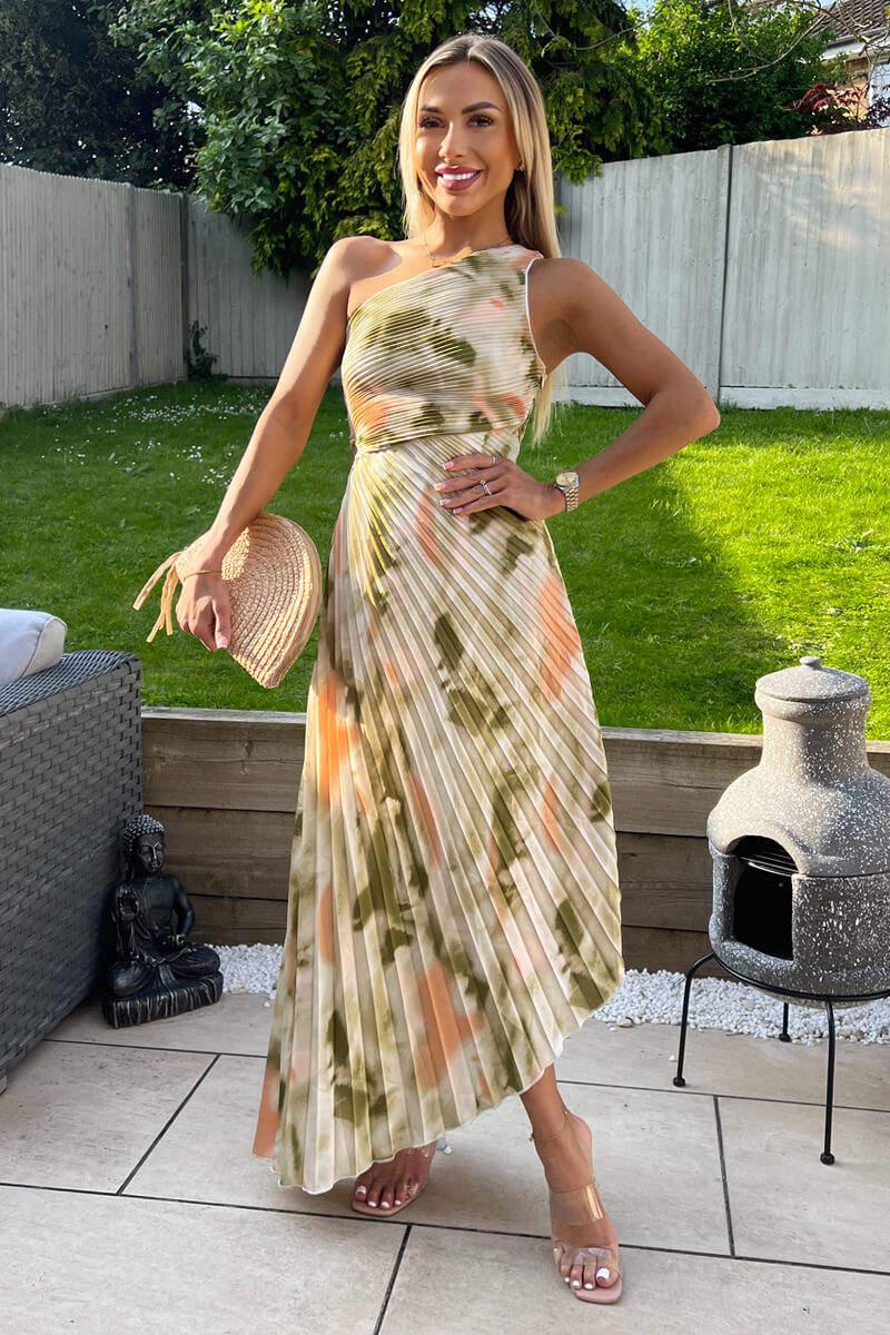 ax paris Multi Marble Print One Shoulder Pleated Satin Midi Dress