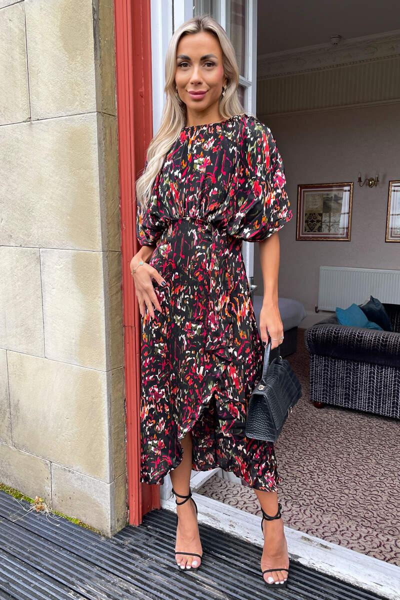 Ax Paris Multi Print Batwing Top Wrap Skirt Midi Dress