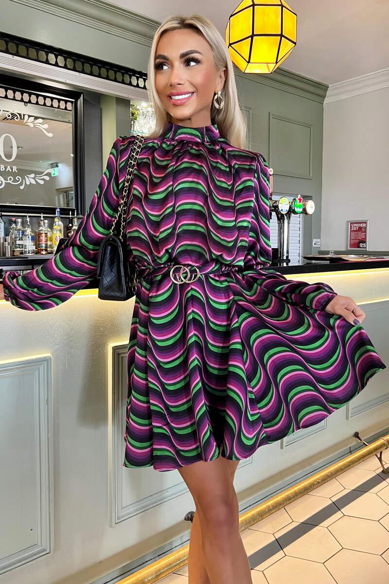 Ax Paris Multi Print Long Sleeve High Neck Belted Skater Dress