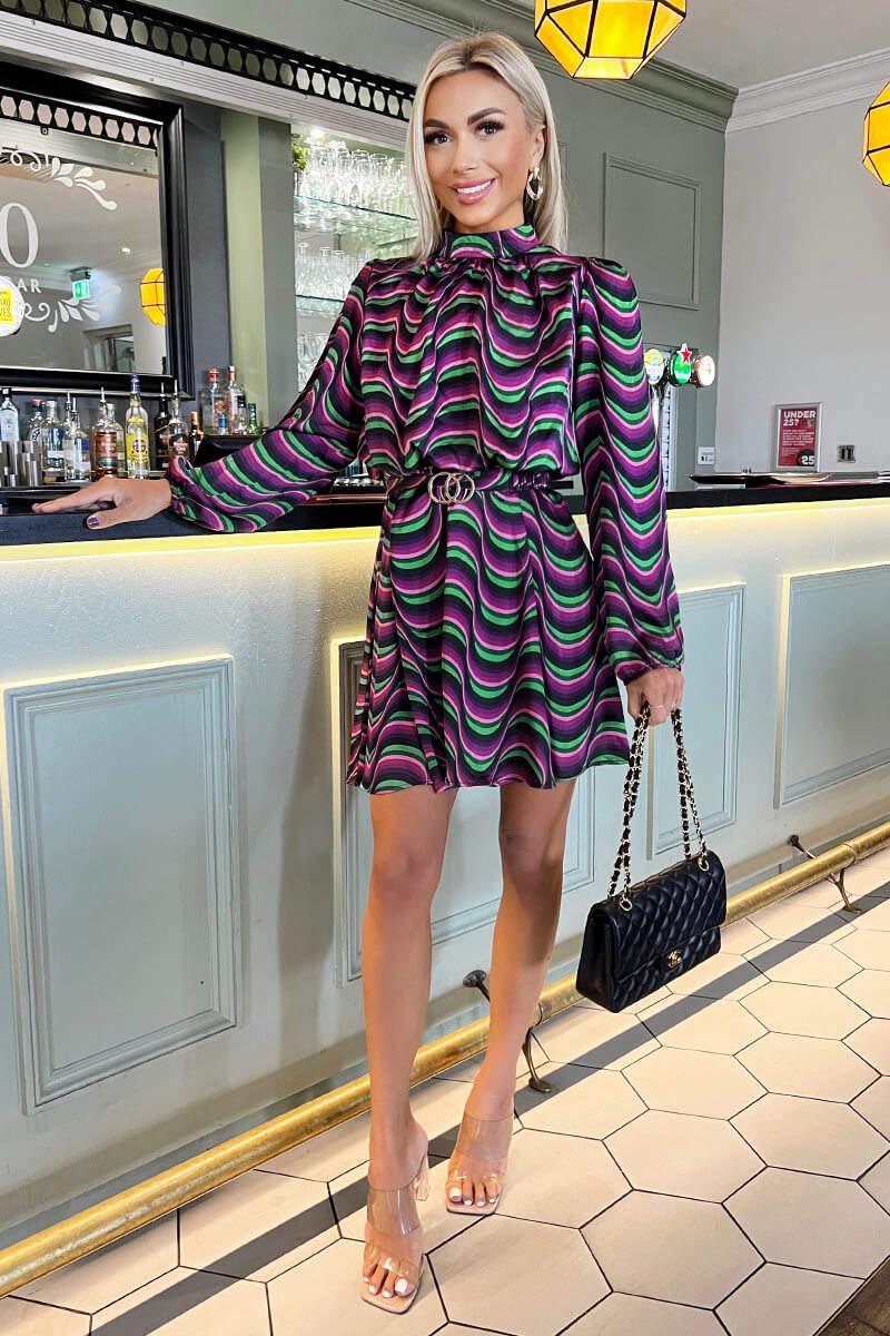 Ax Paris Multi Print Long Sleeve High Neck Belted Skater Dress