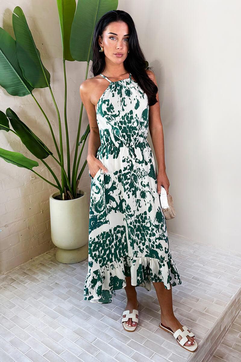 Ax Paris Multi Printed Frill Hem High Neck Midi Dress