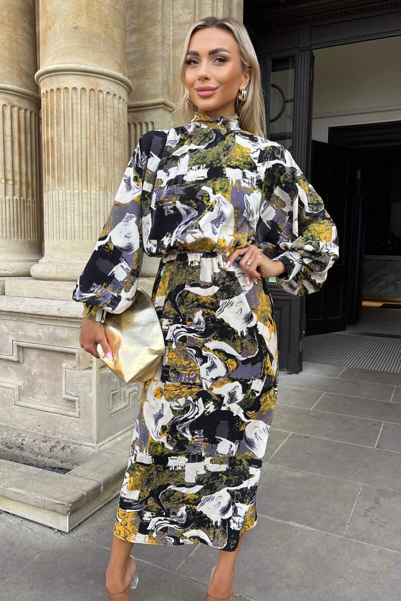 Ax Paris Multi Printed High Neck Balloon Sleeve Midi Dress