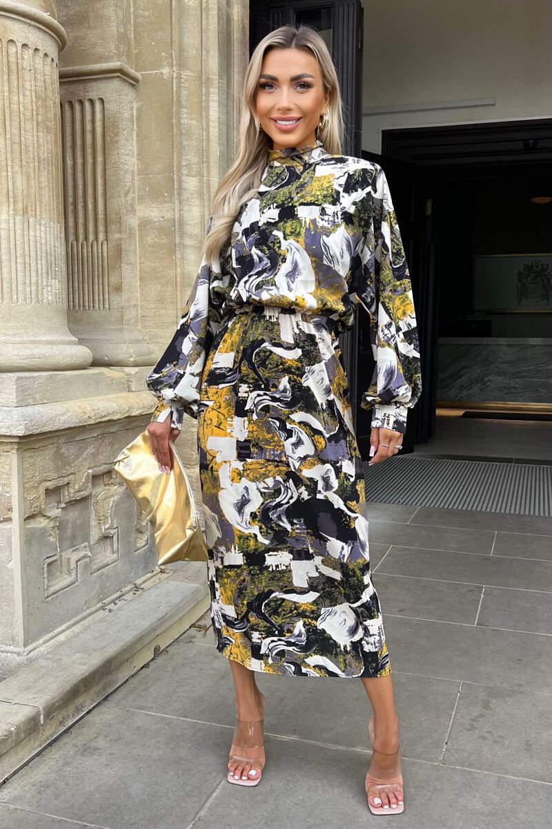 ax paris Multi Printed High Neck Balloon Sleeve Midi Dress