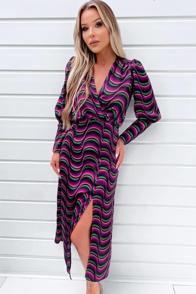 Ax Paris Multi Printed Long Sleeve Wrap Top Midi Dress