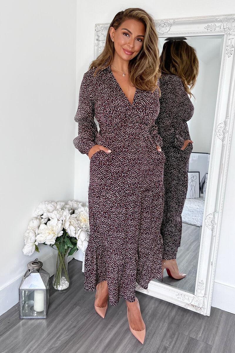 Ax Paris Multi Printed Long Sleeve Wrap Top Smock Midi Dress