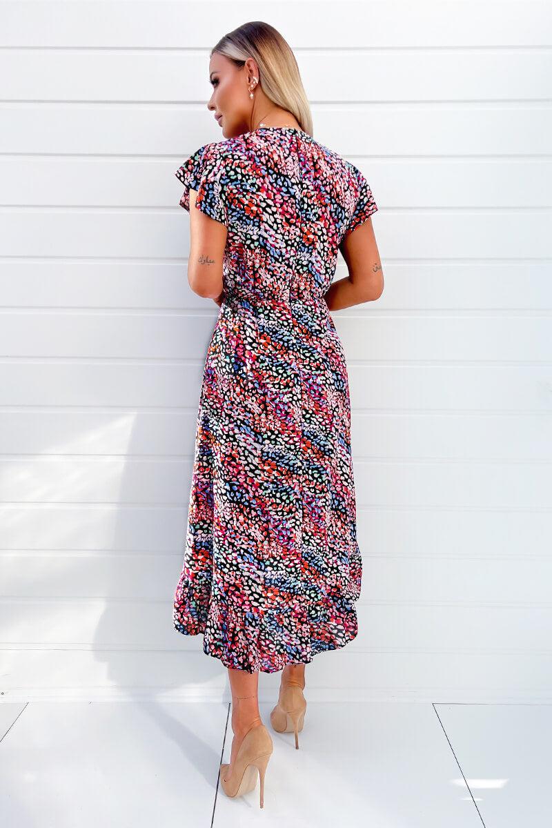 Ax Paris Multi Printed Wrap Over Frill Hem Short Sleeve Midi Dress